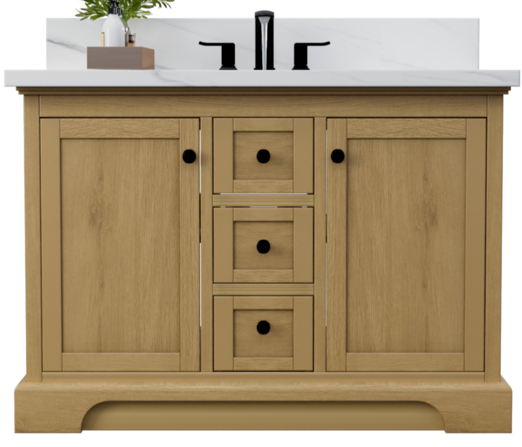 Marietta 48 inch bathroom all wood Oak vanity in white Renovate for Less Atlanta Bathroom Vanity Outlet Solid wood frame